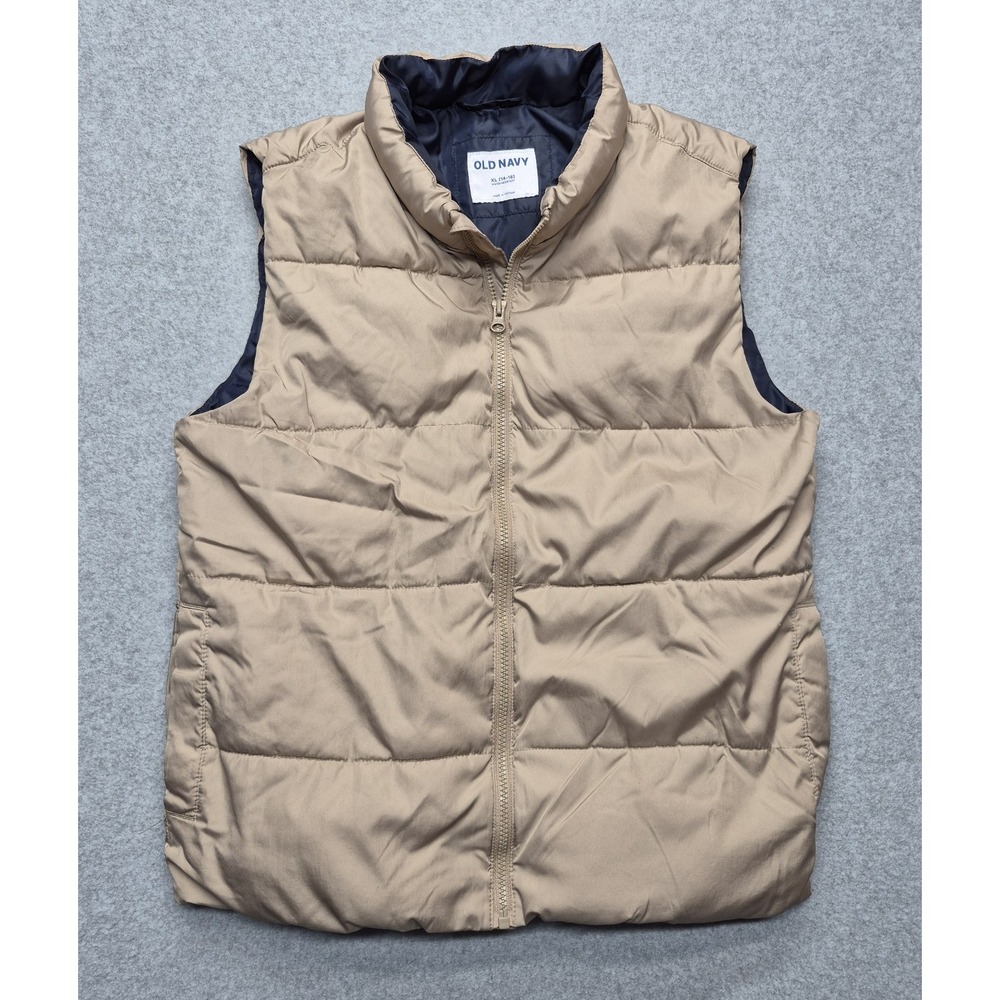 Old Navy Puffer Vest Mens XL 14-16 Khaki Tan Navy Lined Water Resistant Zip